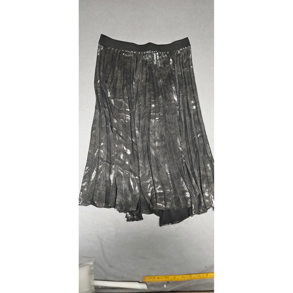 Simply Vera Vera Wang Silver Metallic Pleated Midi Skirt Large Black Elastic L